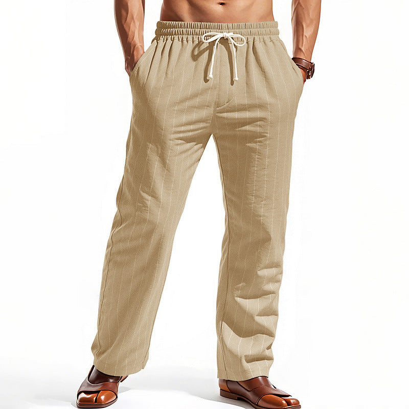 Men's Casual Pinstripe Leisure Pants with Elastic Drawstring Waist, Side Pockets, and Straight Leg Mune Fashion