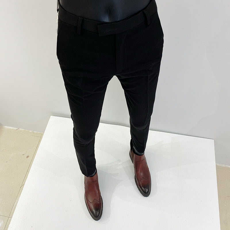 Men's slim elegant suit pants with stretch waistband, crease and narrow tapered leg Mune Fashion