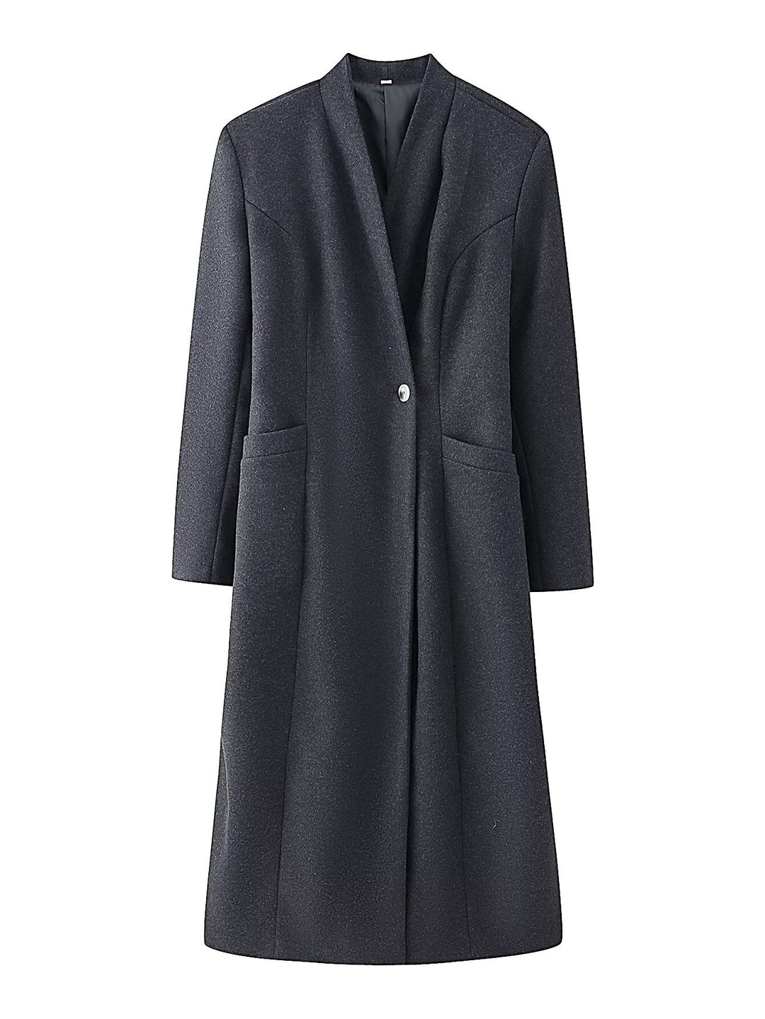 Women's Simple Midi Coat made of Wool Blend with V-Neck, Waist Seams and Side Pockets Mune Fashion