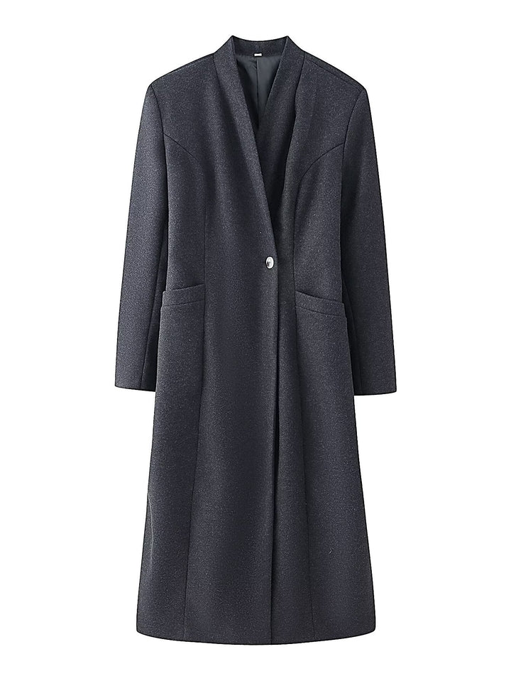 Women's Simple Midi Coat made of Wool Blend with V-Neck, Waist Seams and Side Pockets Mune Fashion