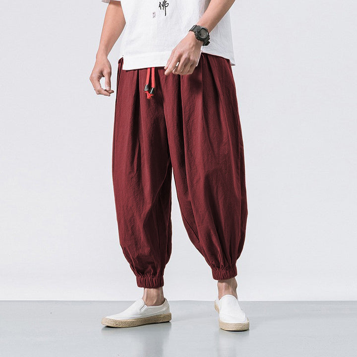 Men's unusual harem-style balloon pants with pleats, elastic waistband, and drawstring Mune Fashion