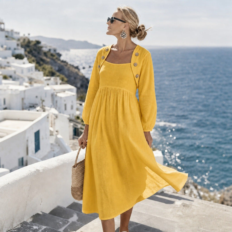 Women's midi dress in linen look with square neckline, gathered empire waist and shoulder buttons Mune Fashion