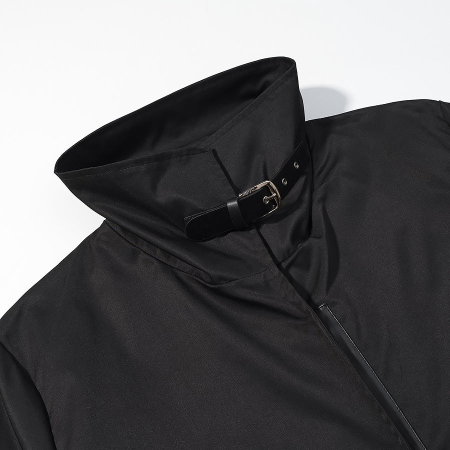 Women's Longer Minimalist Coat with High Stand-Up Collar and Concealed Front Mune Fashion