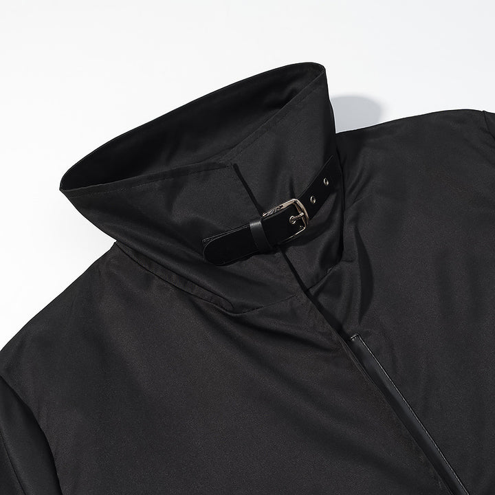 Women's Longer Minimalist Coat with High Stand-Up Collar and Concealed Front Mune Fashion