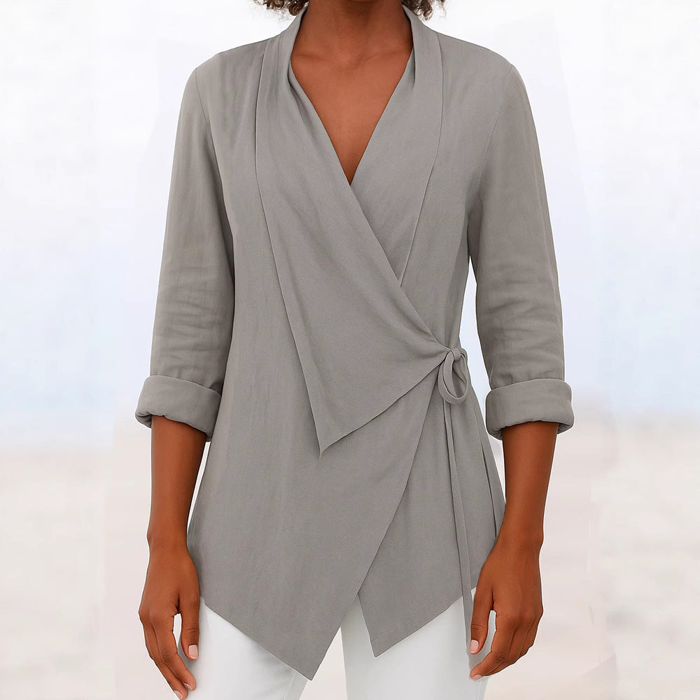Women's Asymmetrical Wrap Blouse with Shawl Collar and 3/4 Sleeves Mune Fashion
