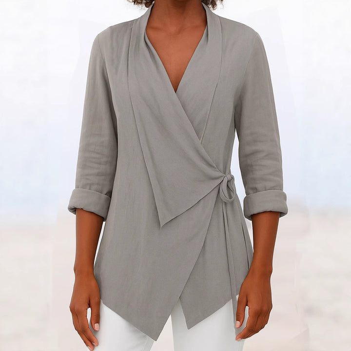 Women's Asymmetrical Wrap Blouse with Shawl Collar and 3/4 Sleeves Mune Fashion