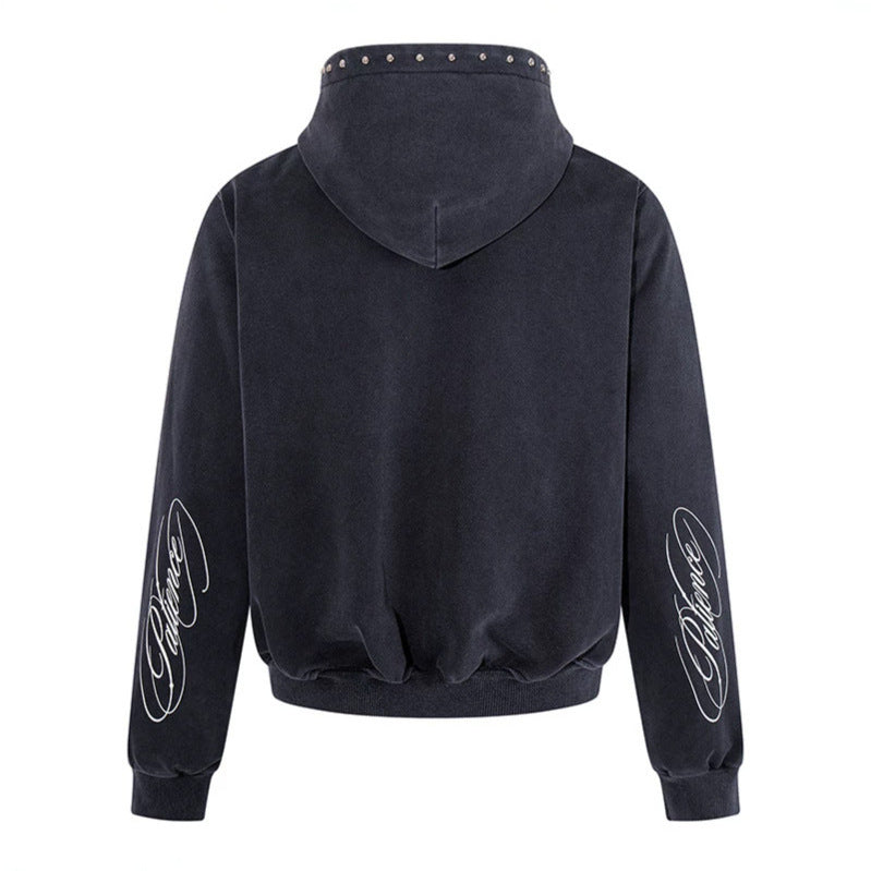 Men's Short Cut Zip Hooded Jacket made of Velour with Studded Hood Mune Fashion