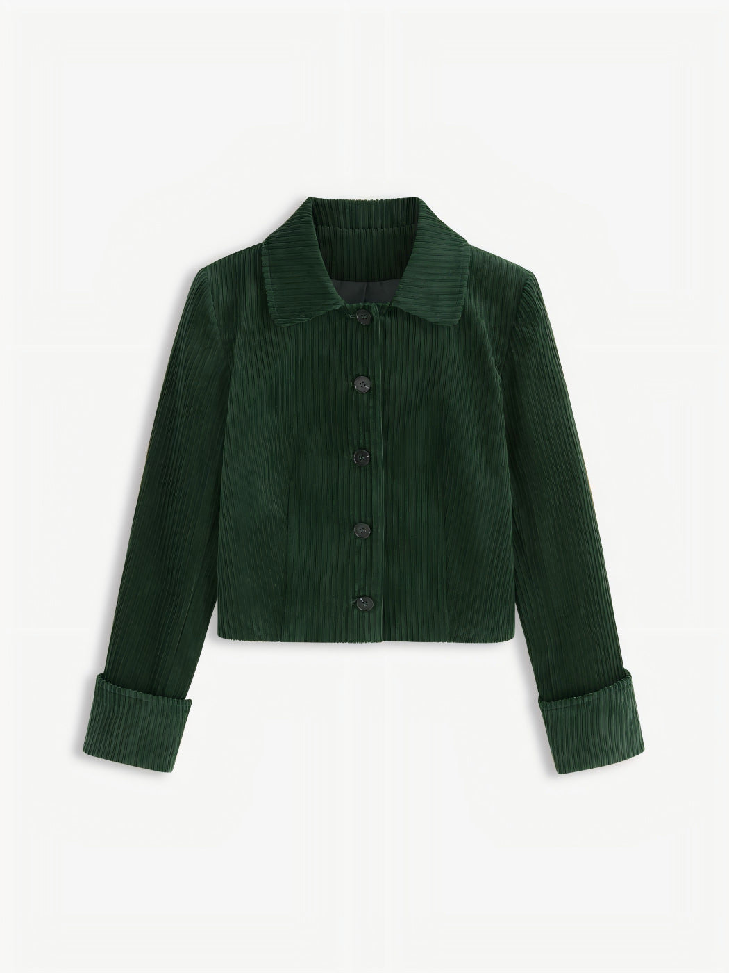 Women's Pleated Short Jacket with Shirt Collar and Turned-up Cuffs Drune