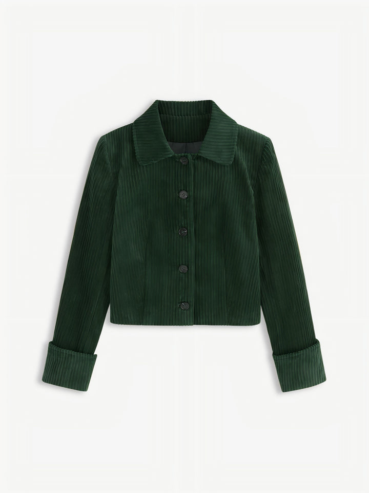 Women's Pleated Short Jacket with Shirt Collar and Turned-up Cuffs Drune
