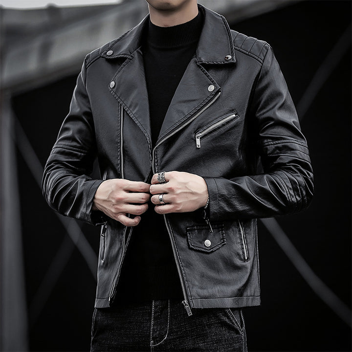 Men's biker leather jacket in slim fit with quilted sleeve part Mune Fashion