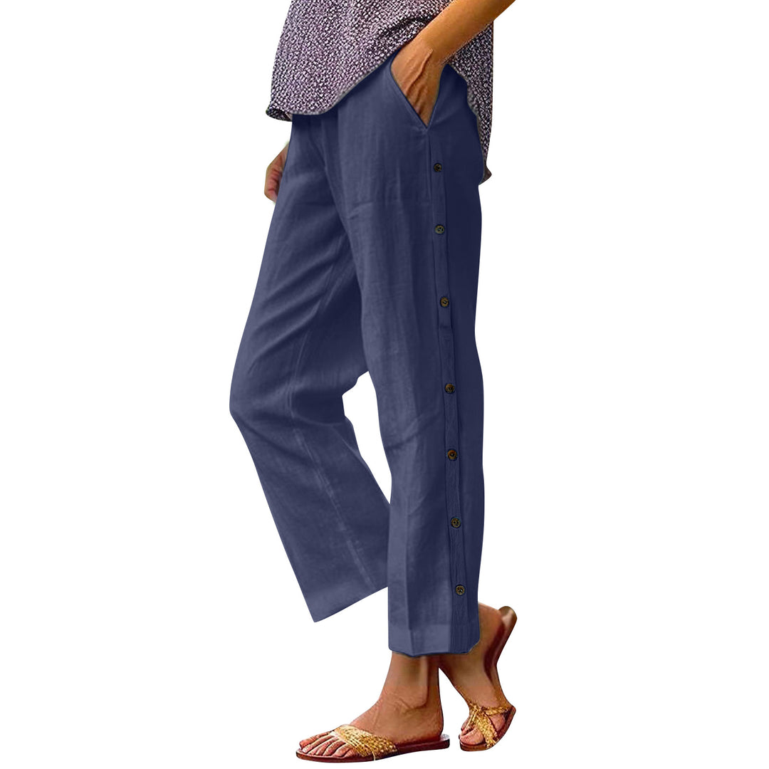 Women's Cropped Wide-Leg Button-Trim Linen-Blend Casual Pants Mune Fashion