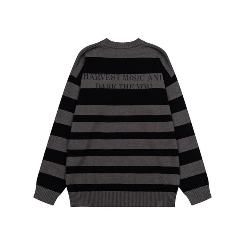 Women Striped Oversized Knit Sweater with Round Neck and Music Graphic Mune Fashion