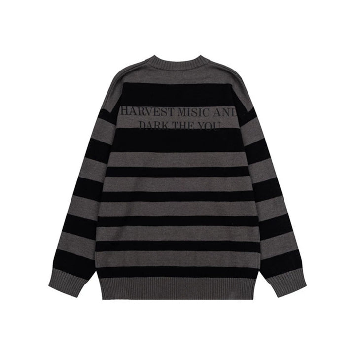 Women Striped Oversized Knit Sweater with Round Neck and Music Graphic Mune Fashion