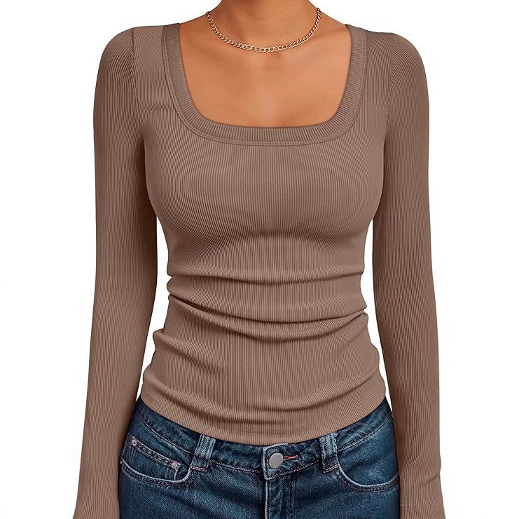 Women's Fitted Ribbed Long Sleeve Shirt with Wide Square Neckline and Stretch Cotton Blend Mune Fashion