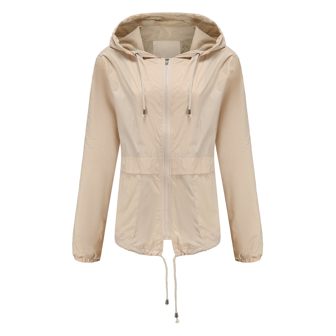 Women's lightweight wind jacket with hood mesh lining drawstring and zipper Mune Fashion