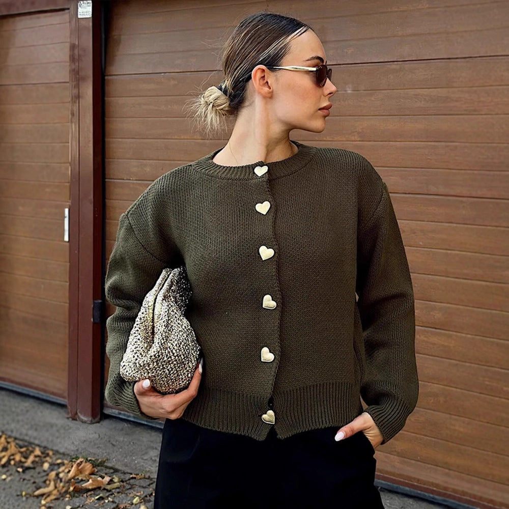 Women's Short Cardigan with Heart Buttons, Textured Fine Knit Look & Ribbed Hem Mune Fashion