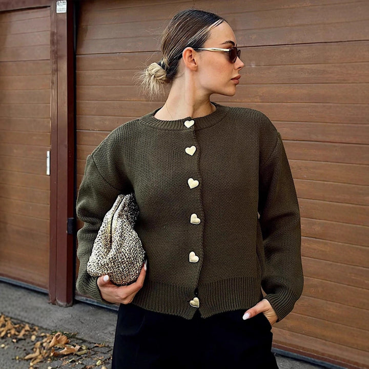 Women's Short Cardigan with Heart Buttons, Textured Fine Knit Look & Ribbed Hem Mune Fashion