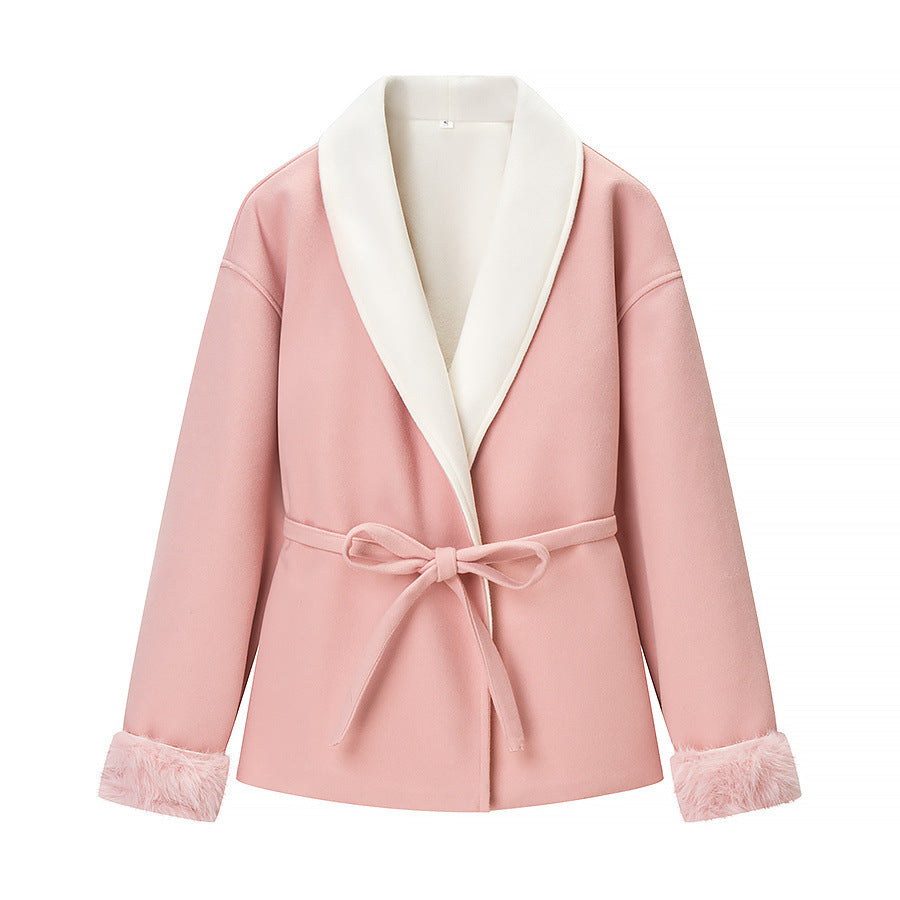 Ladies tailored short jacket with generous shawl collar, tie belt, and faux fur cuffs Mune Fashion