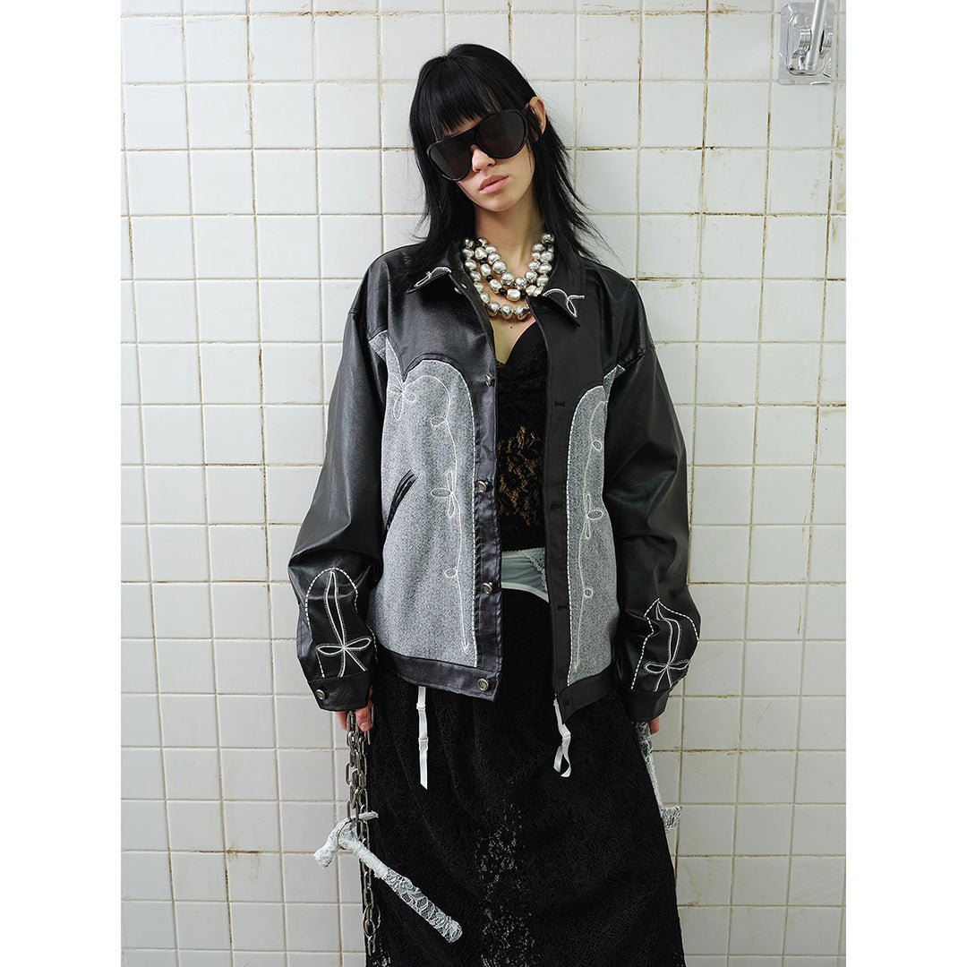 Unisex Boxy Blouson made of faux leather and wool blend with Western embroidery Mune Fashion