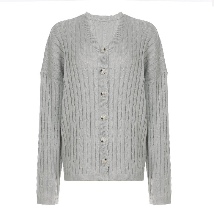 Women's cable-knit cardigan with V-neck, dropped shoulder and full button placket Mune Fashion