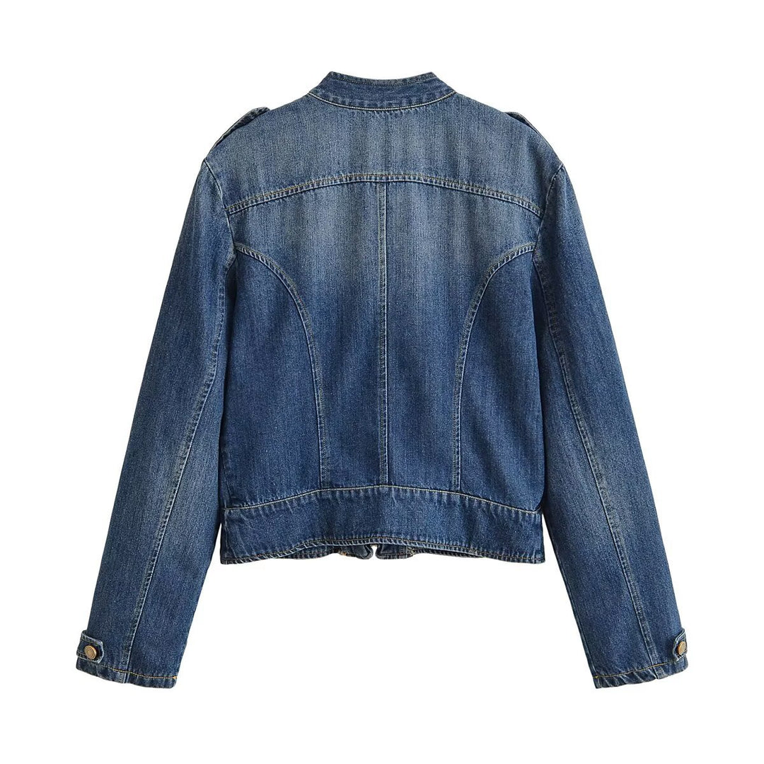 Ladies' denim jacket in military style with stand-up collar, double decorative button placket and epaulettes Mune Fashion