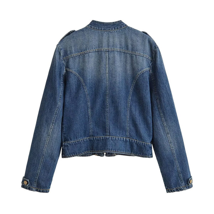 Ladies' denim jacket in military style with stand-up collar, double decorative button placket and epaulettes Mune Fashion