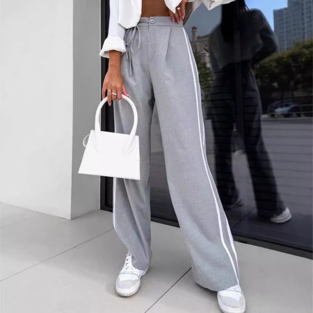 Women high-waisted wide leisure pants with sporty side stripe and tie belt Mune Fashion