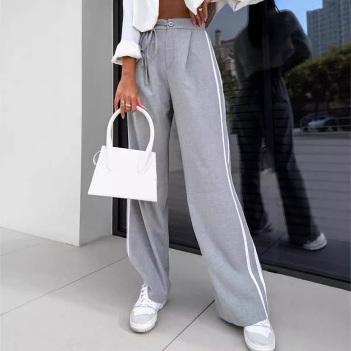 Women high-waisted wide leisure pants with sporty side stripe and tie belt Mune Fashion