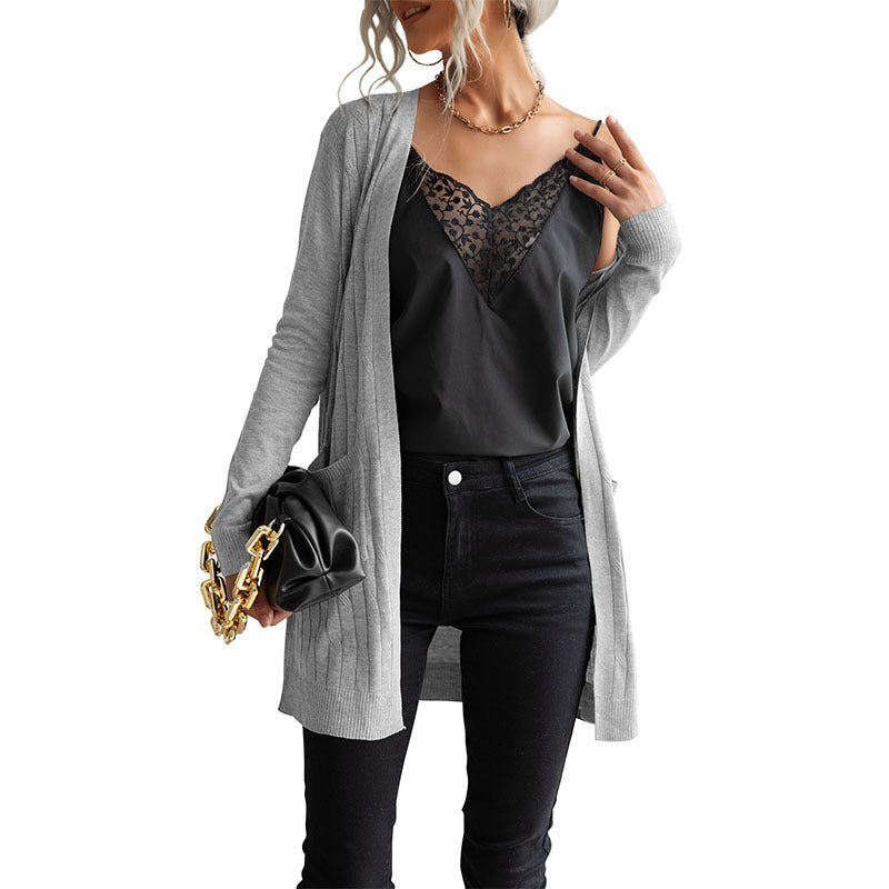 Women's Long Fine Knit Cardigan with Ribbed Structure and Side Pockets Mune Fashion