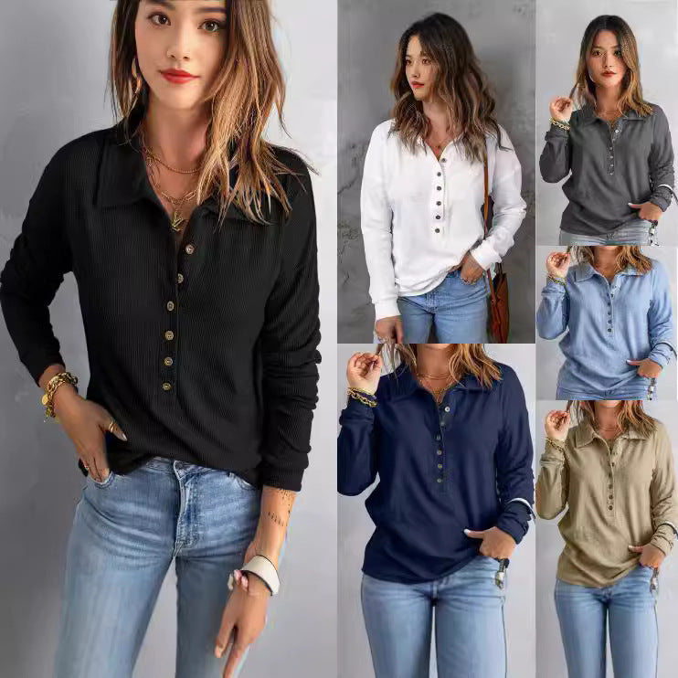 Women's Long Sleeve Waffle Shirt with Shirt Collar and Button Placket Drune
