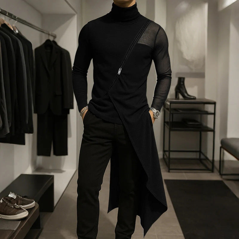 Ladies avant-garde long shirt with diagonal zipper, stand-up collar and irregular pointed hem Mune Fashion