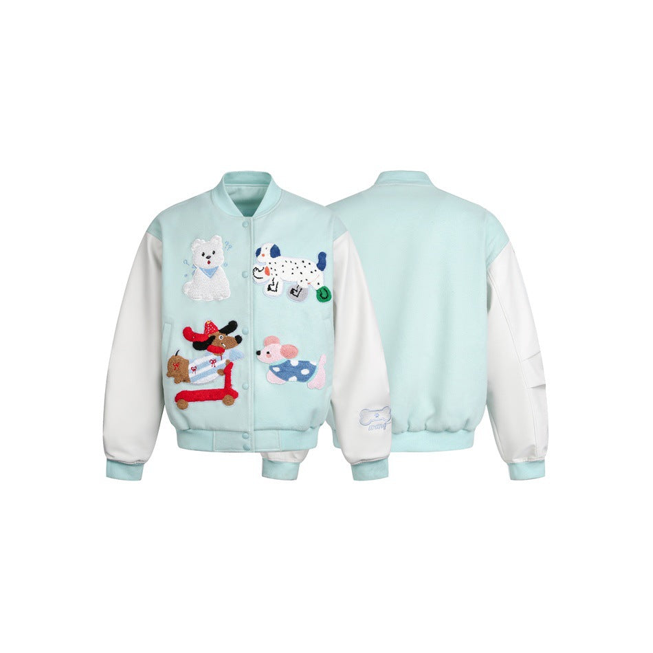 Women's Playful Bomber Jacket with Chenille Applications and Contrast Sleeves Mune Fashion