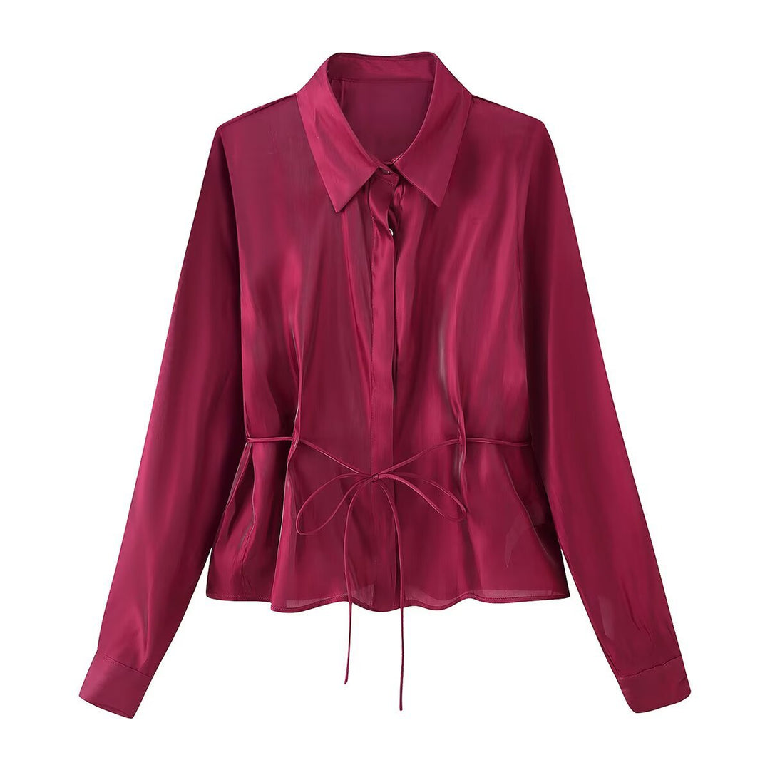 Women's Silky Blouse with Waistband and Concealed Button Placket Mune Fashion