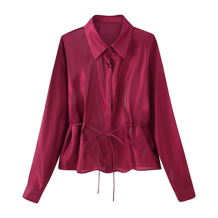 Women's Silky Blouse with Waistband and Concealed Button Placket Mune Fashion