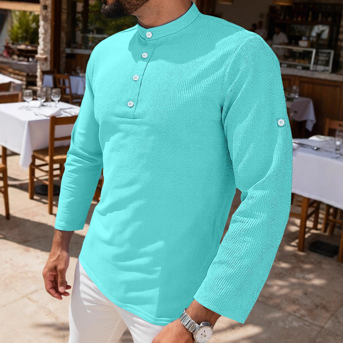 Men's structured long-sleeve henley with Nehru collar and tone-on-tone button placket Mune Fashion