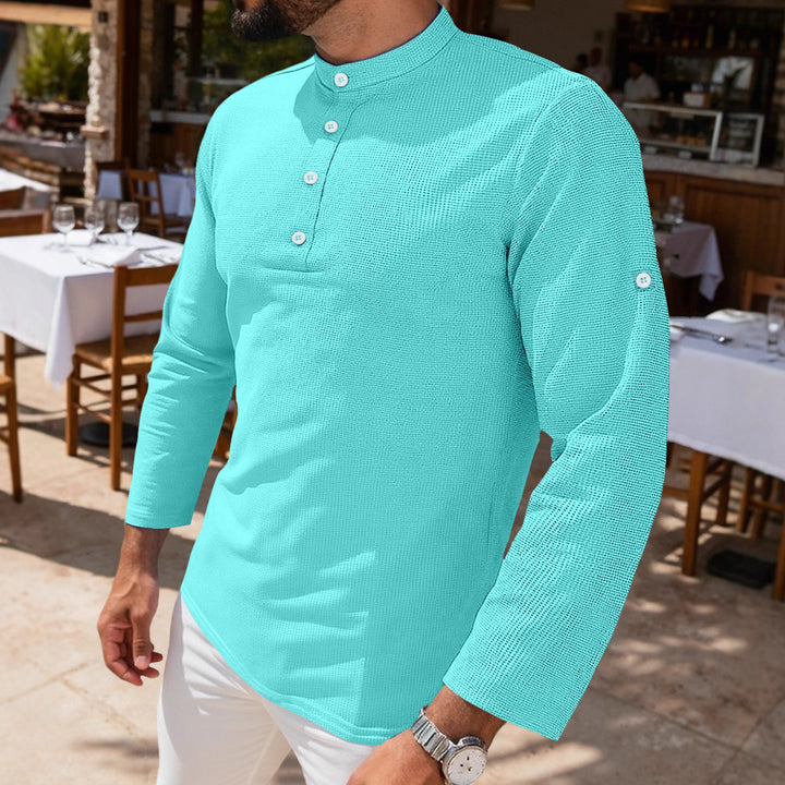Men's structured long-sleeve henley with Nehru collar and tone-on-tone button placket Mune Fashion