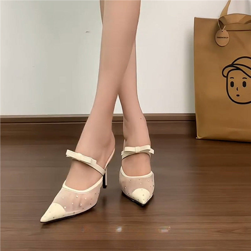 Women Elegant pointed toe Mesh Mules with low Kitten heel and bow strap Mune Fashion