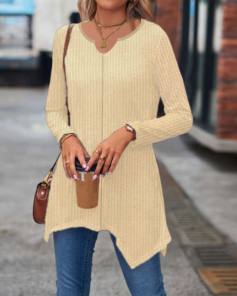 Women's Ribbed Long Sleeve Tunic Top with Asymmetrical Hem Mune Fashion