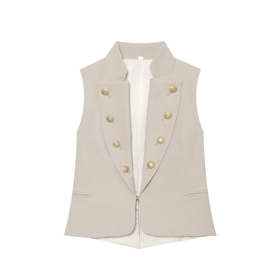 Women's Sculpting Blazer Vest with Standing Collar and Double-Breasted Decorative Buttons Mune Fashion
