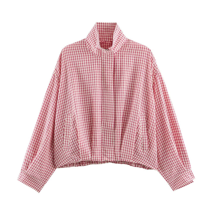 Women Check Transitional Jacket in Oversized Cropped Cut with High Stand-Up Collar Mune Fashion