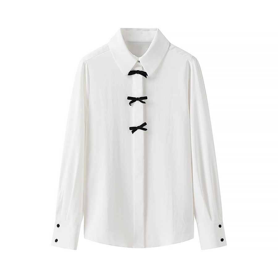 Ladies nan lightweight long sleeve blouse with concealed button placket and decorative bow details Mune Fashion