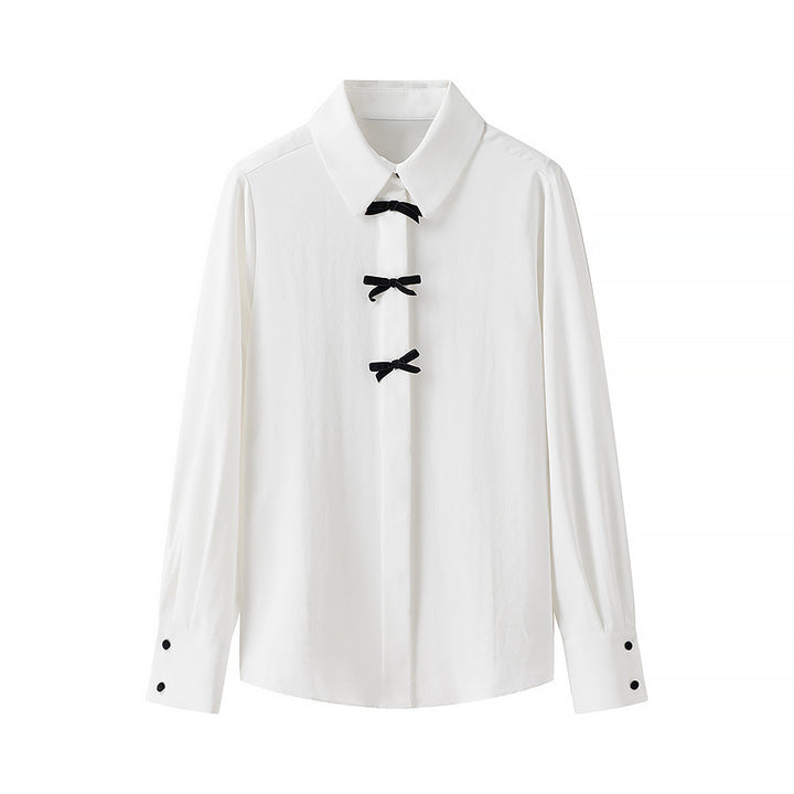 Ladies nan lightweight long sleeve blouse with concealed button placket and decorative bow details Mune Fashion