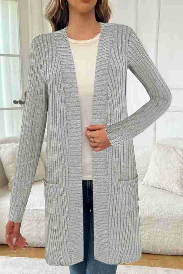 Women Long Fine Knit Cardigan with Ribbed Structure, Open Edges and In-Seam Pockets Drune