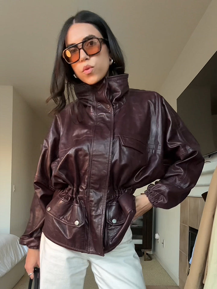 Women's Oversize Faux Leather Blouson with High Stand Collar and Waist Drawstring Mune Fashion