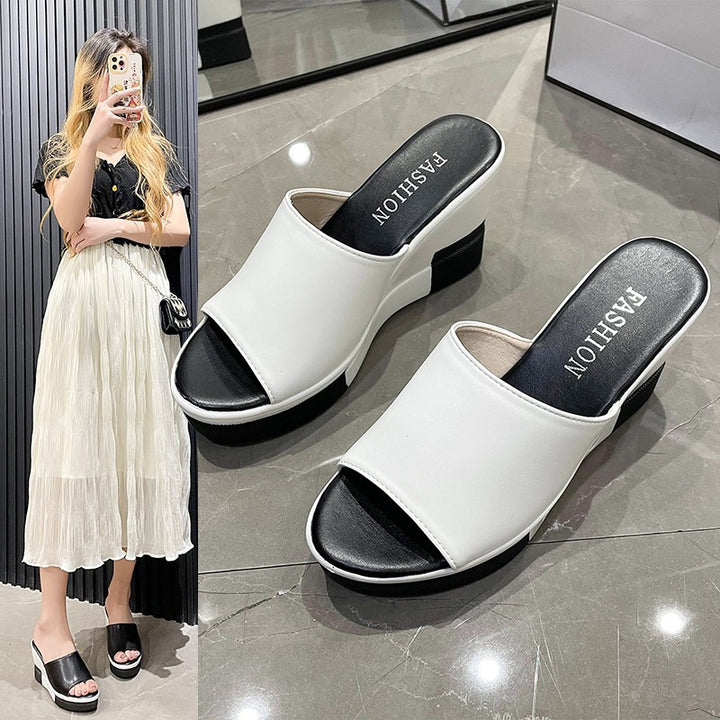 Women's slip-on sandals made of synthetic leather finish with open toe area, ergonomic wedge heel, and padded comfort footbed Mune Fashion