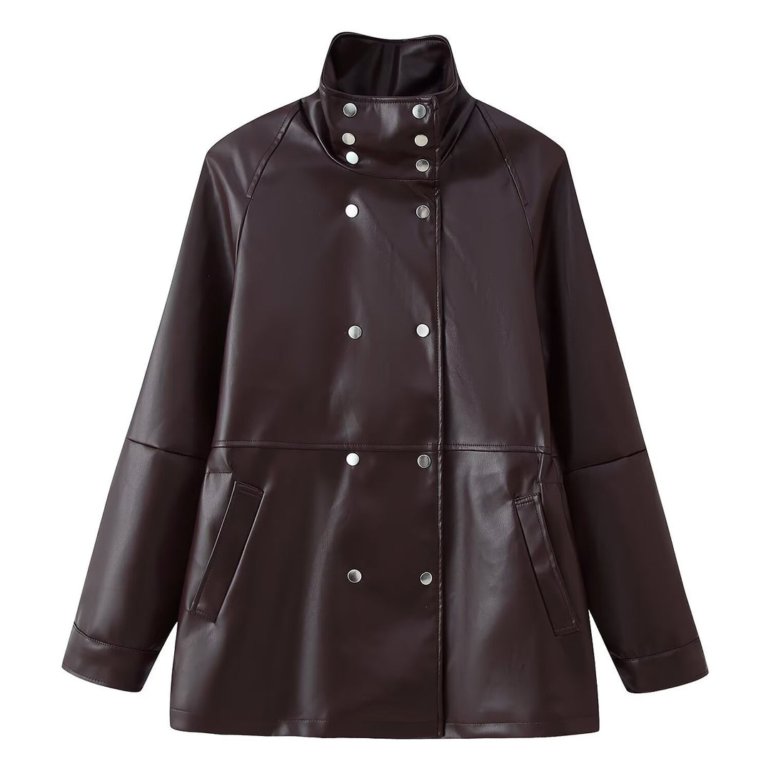 Women's Mid-Length Faux Leather Coat with High Stand-Up Collar and Double-Breasted Snap Buttons Mune Fashion