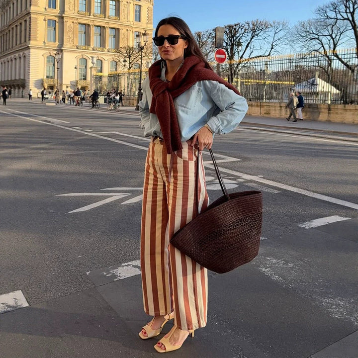 Women's Striped High-Waist Linen Pants with Wide Leg Mune Fashion