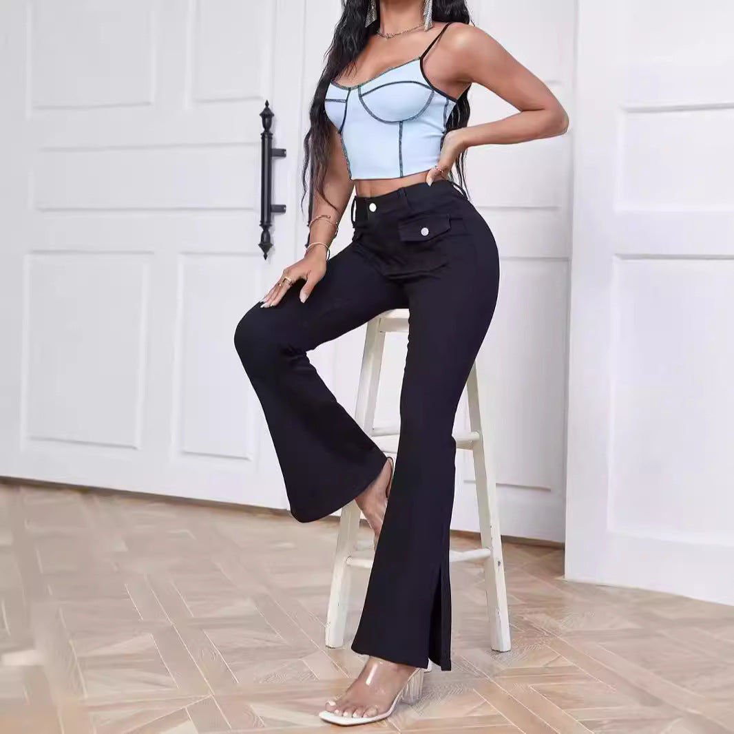 Women High-Waist Flared Trousers made of Stretch Denim with Pocket Flaps and Front Slit Mune Fashion
