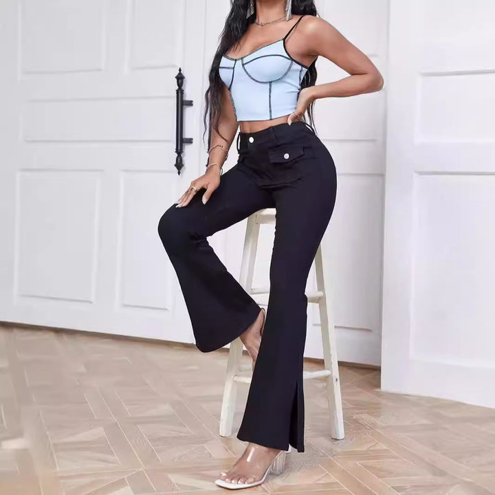 Women High-Waist Flared Trousers made of Stretch Denim with Pocket Flaps and Front Slit Mune Fashion