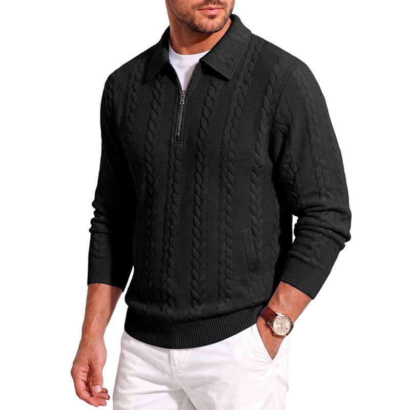 Men's finely structured knitted pullover with half-zip collar and cable pattern Mune Fashion